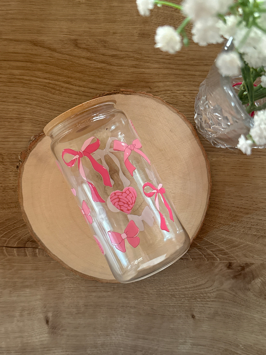 Vaso Lazos y Corazones Fucsia